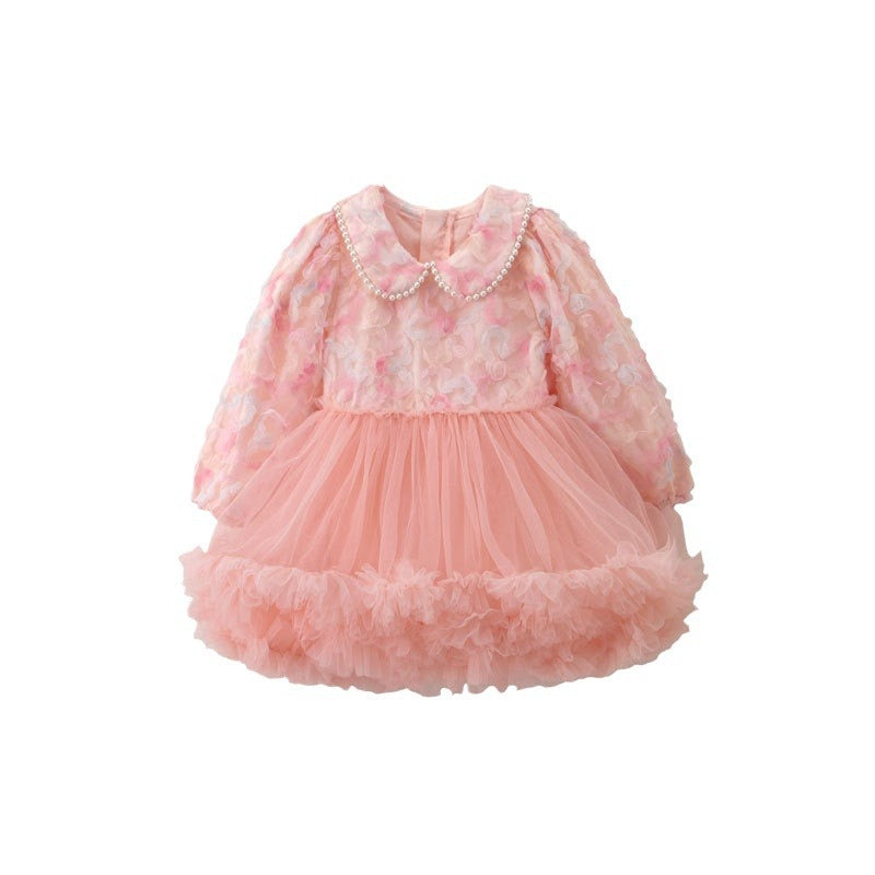 Floral Pearl Collar Tulle Dress – Blush Pink