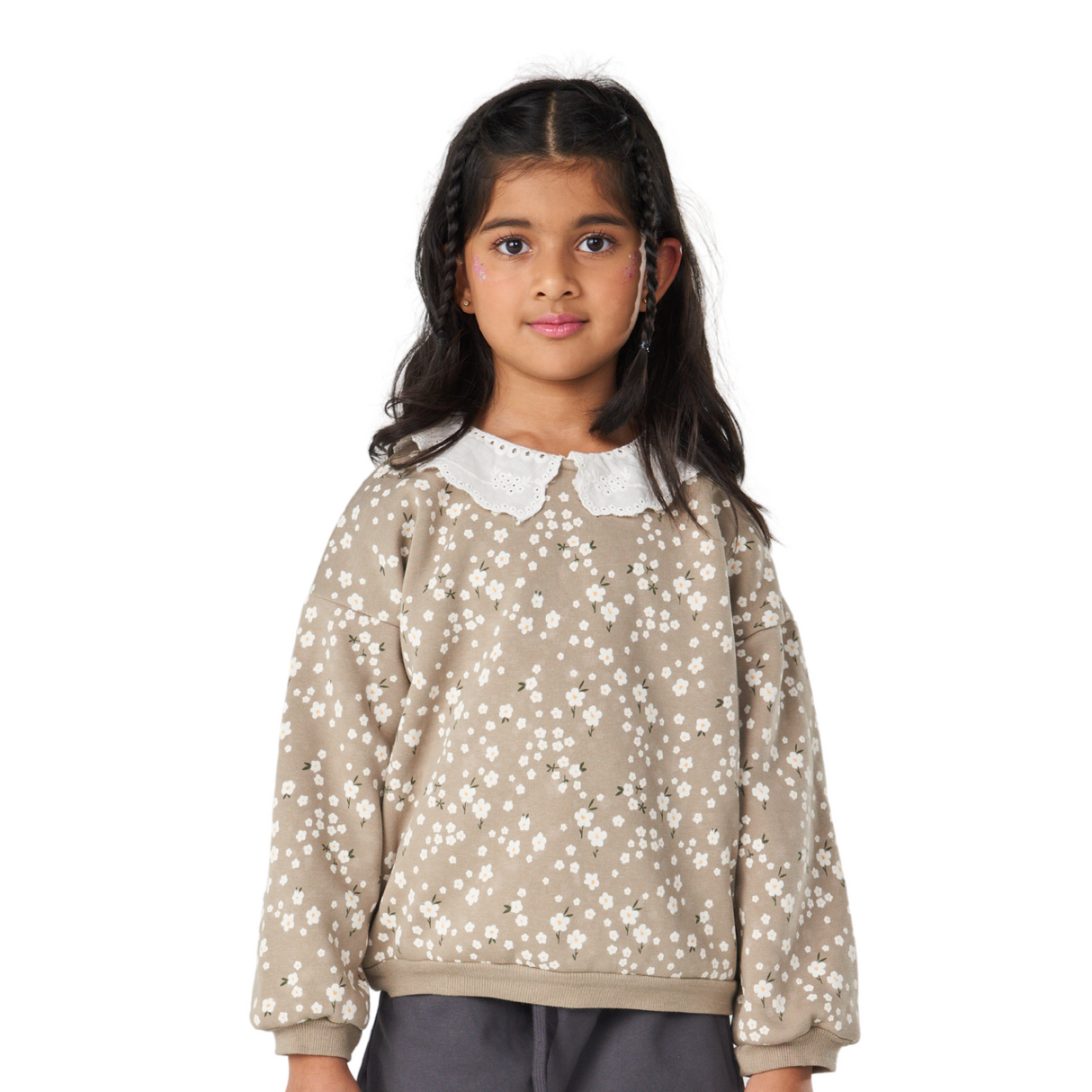 Daisy Print Sweatshirt with Lace Collar – Taupe