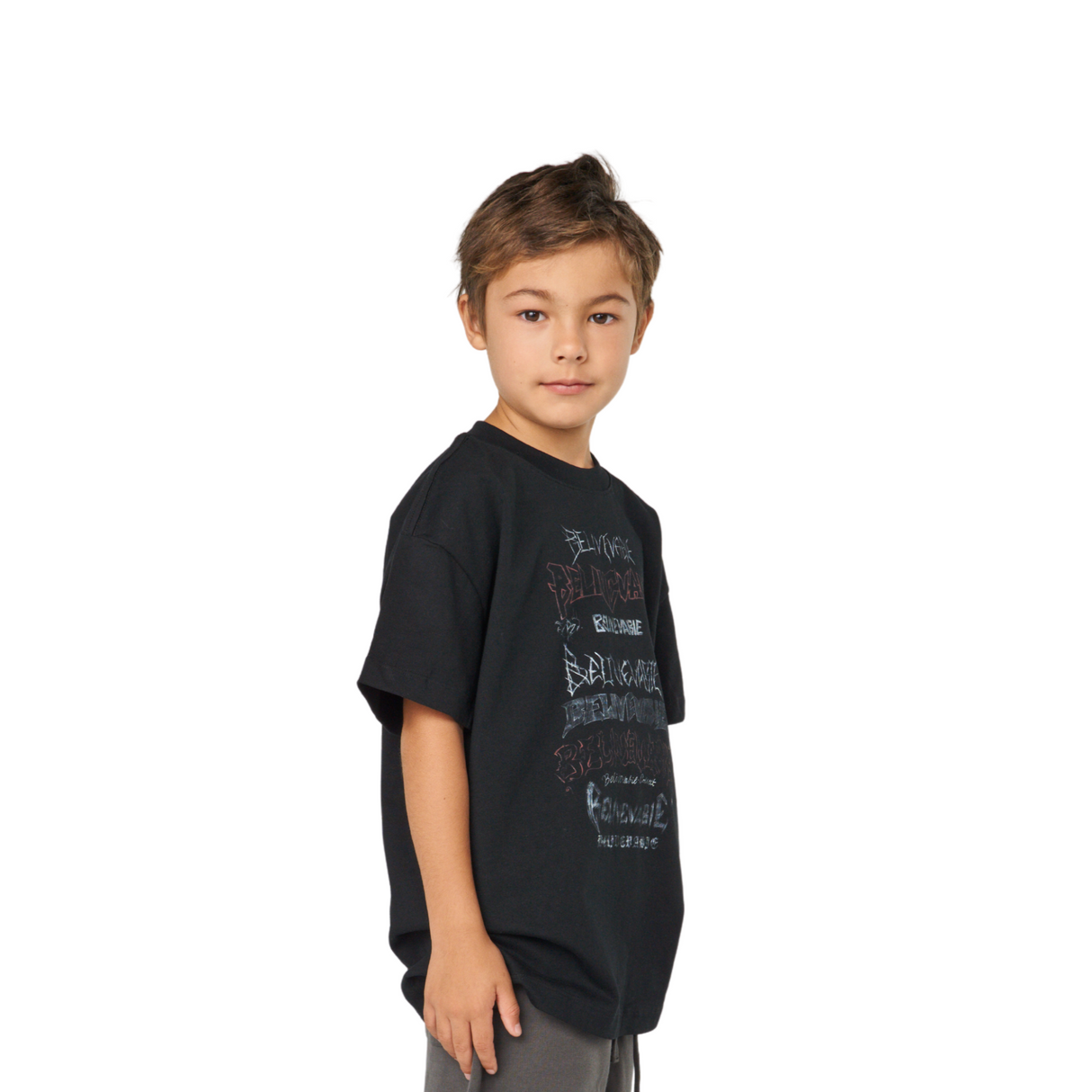 Believe Stacked Text Tee – Black