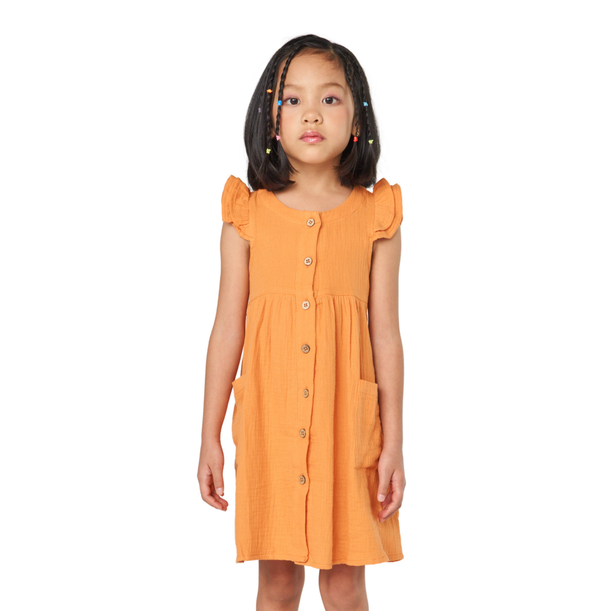 Button-Front Ruffle Sleeve Dress – Orange