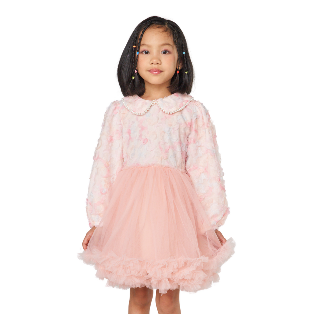 Floral Pearl Collar Tulle Dress – Blush Pink