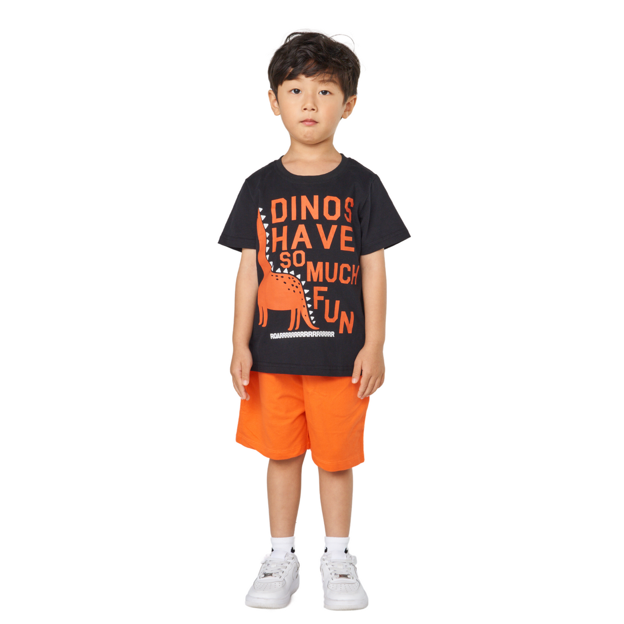Dino Fun Tee & Shorts Set – Black & Orange