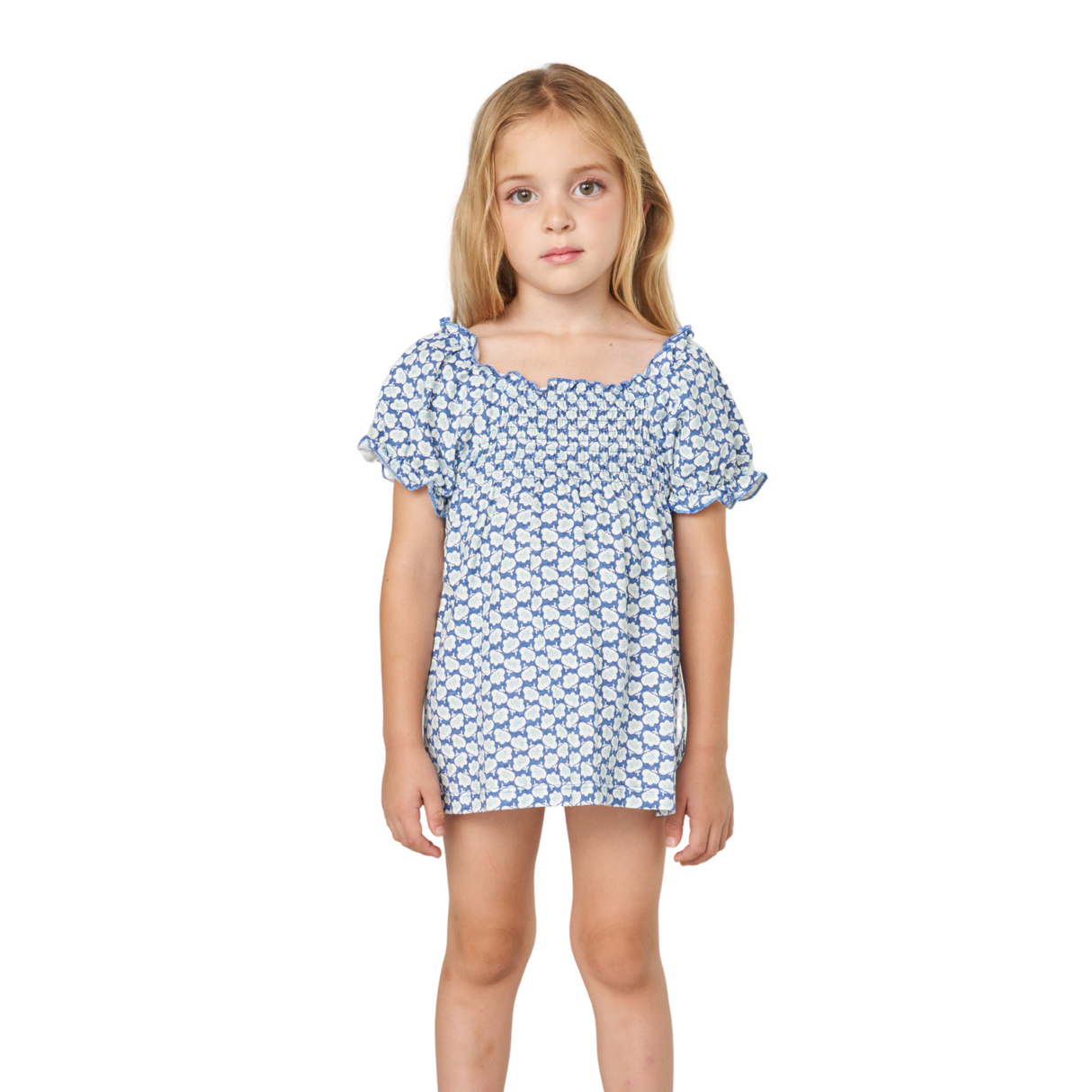 Blue Smocked Puff-Sleeve Romper