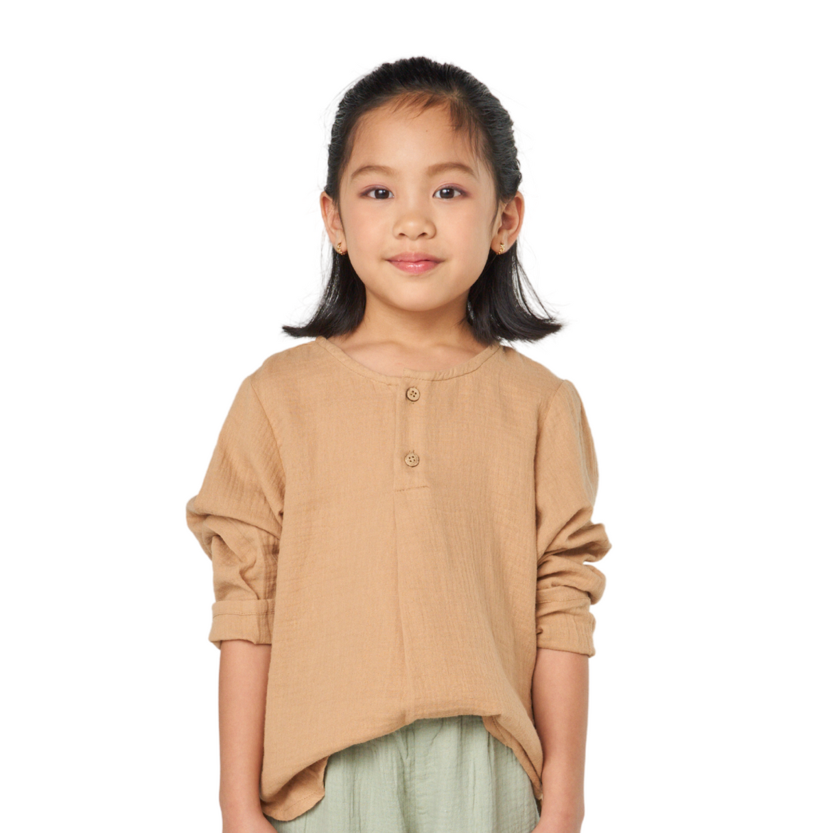 Textured Cotton Henley Top – Camel