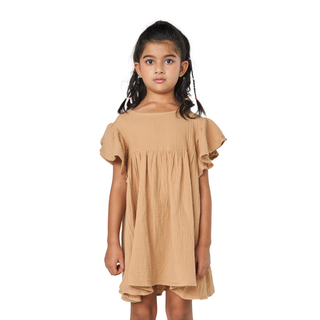 Flutter Sleeve Cotton Dress – Camel