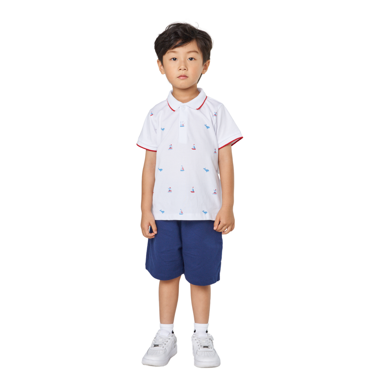 Sailboat Polo and Shorts Set – White and Navy
