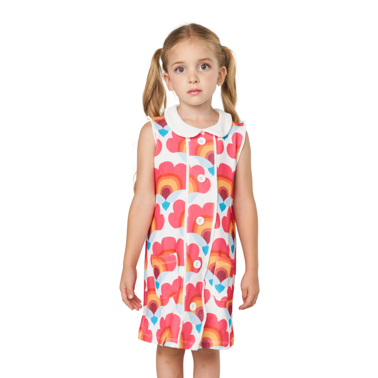 Sunset Bloom Sleeveless Dress – Pink Rainbow Floral