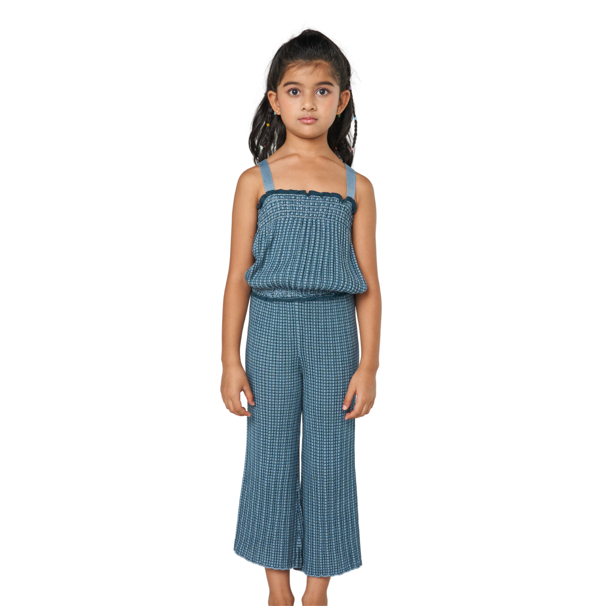 Smocked Check Wide-Leg Pants – Blue