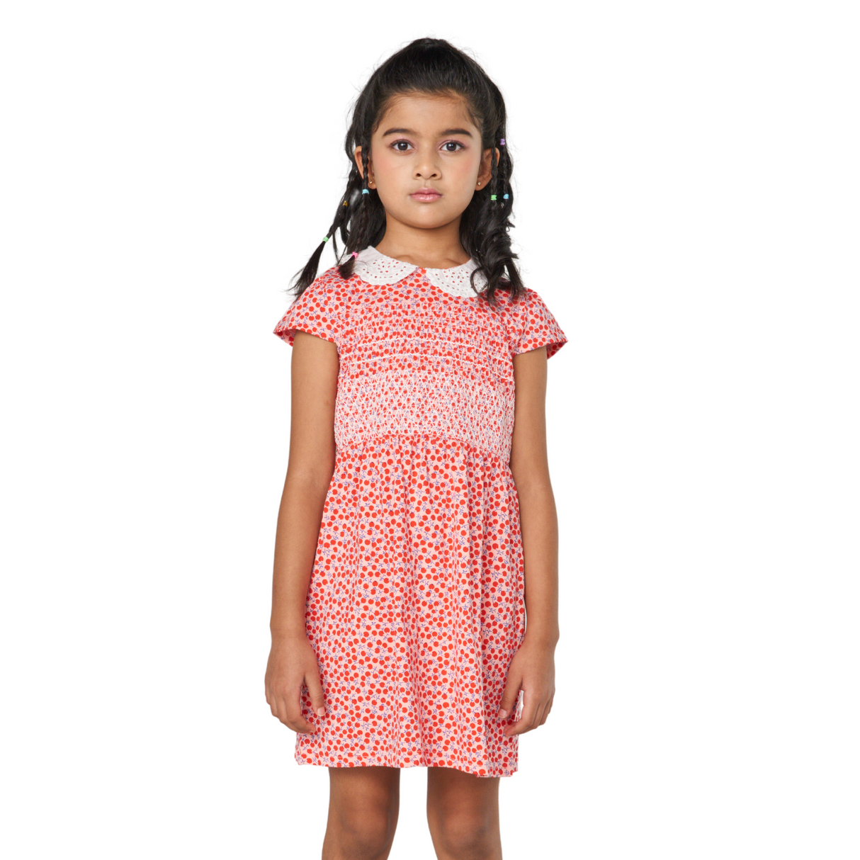 Red Floral Smocked Dress with White Collar