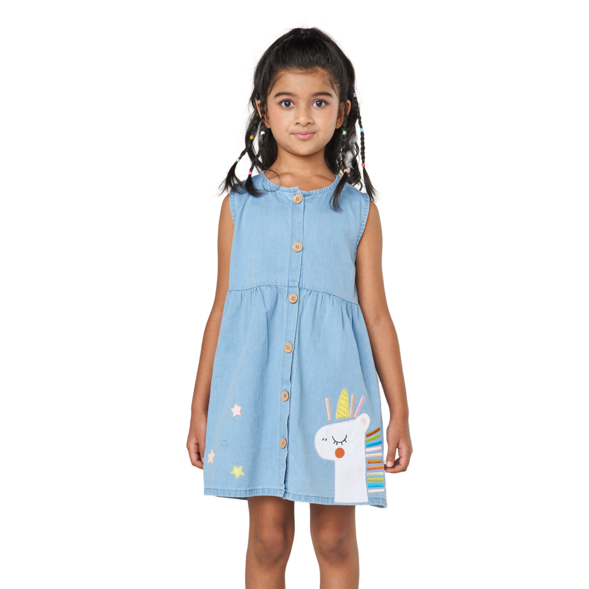 Unicorn Button-Front Dress – Light Blue