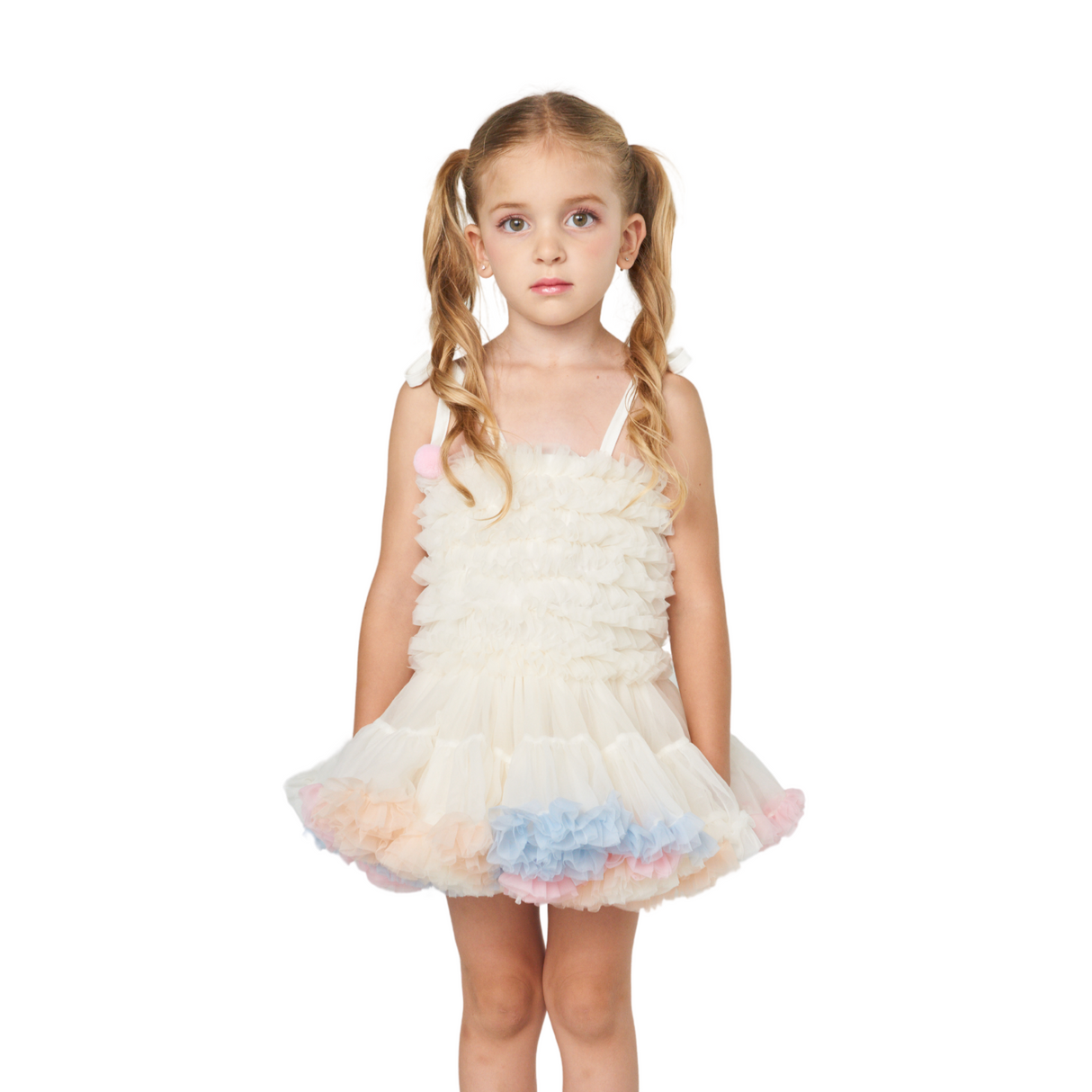 Tiered Ruffle Tulle Dress – Rainbow Cream