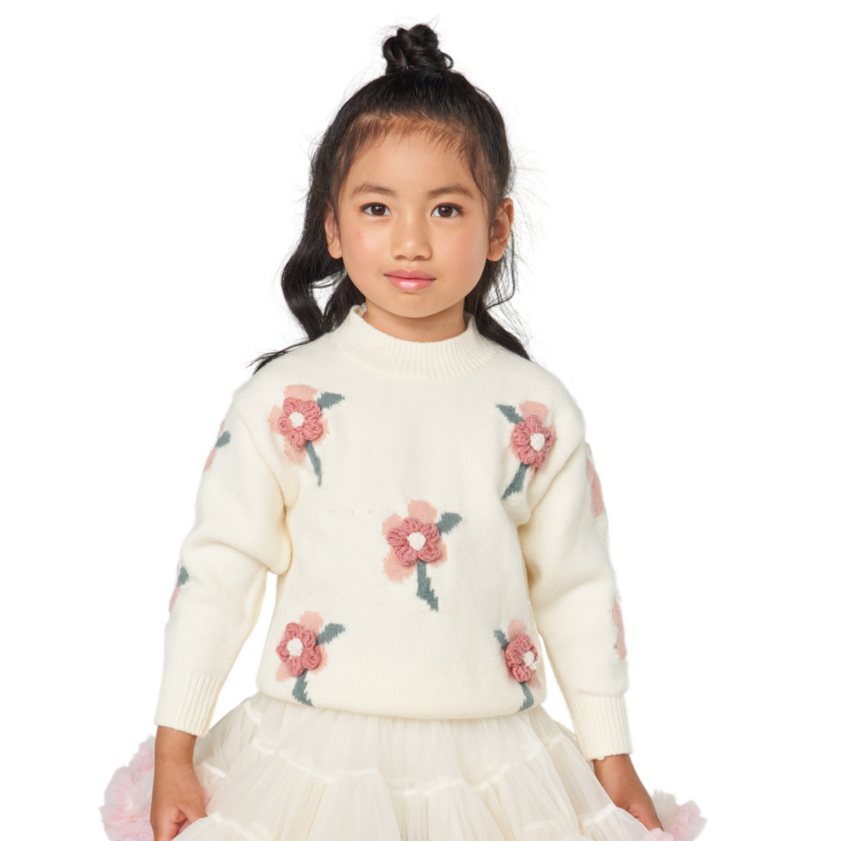 3D Floral Knit Sweater – Cream