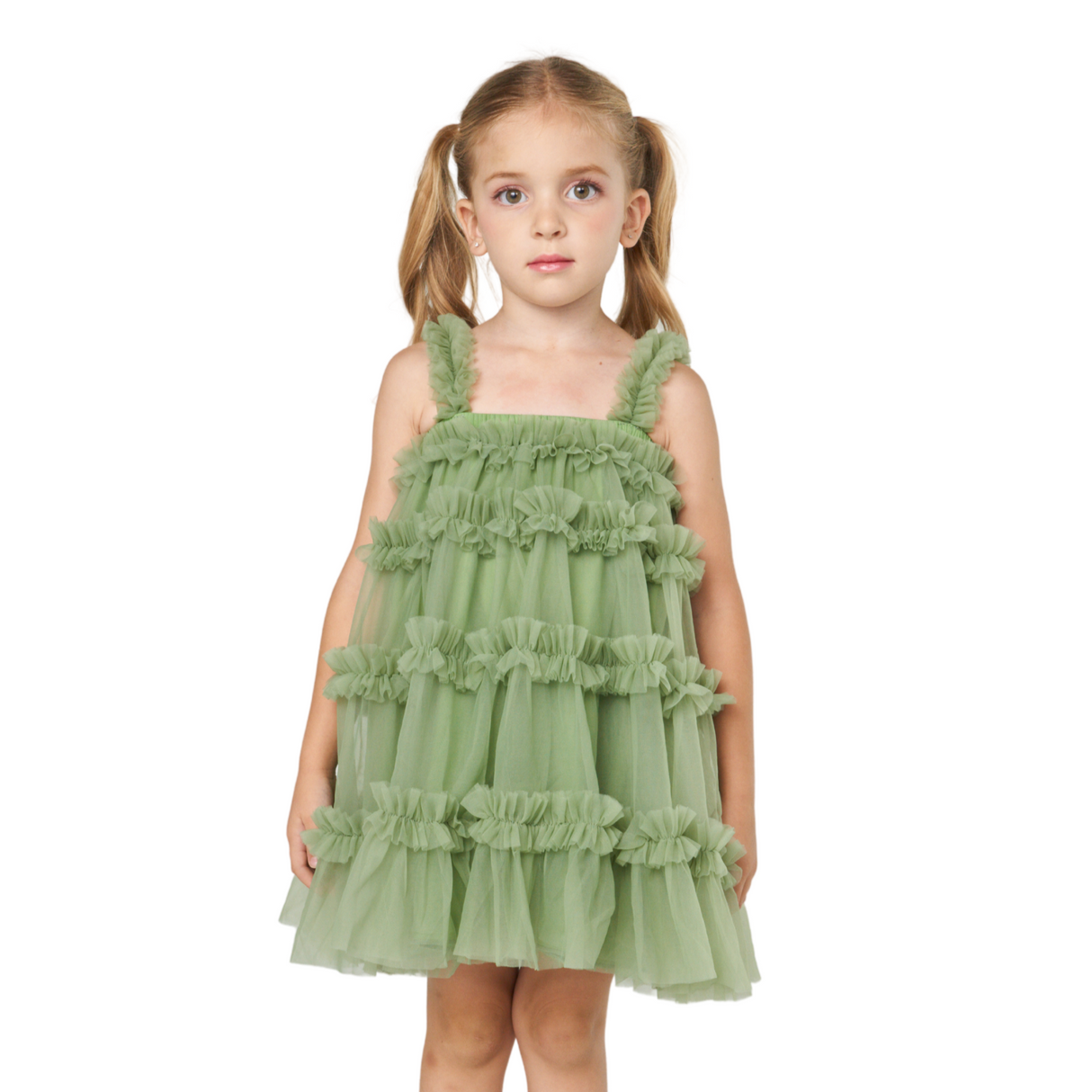 Tiered Ruffle Tulle Dress – Sage Green
