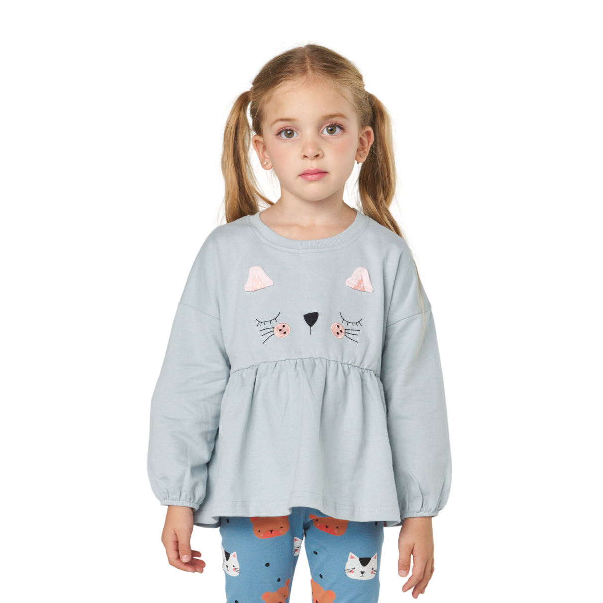 Cat Face Peplum Top – Soft Blue