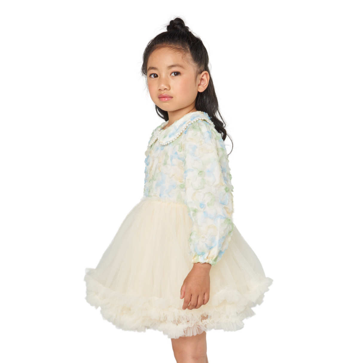 Floral Pearl Collar Tulle Dress – Ivory Bloom