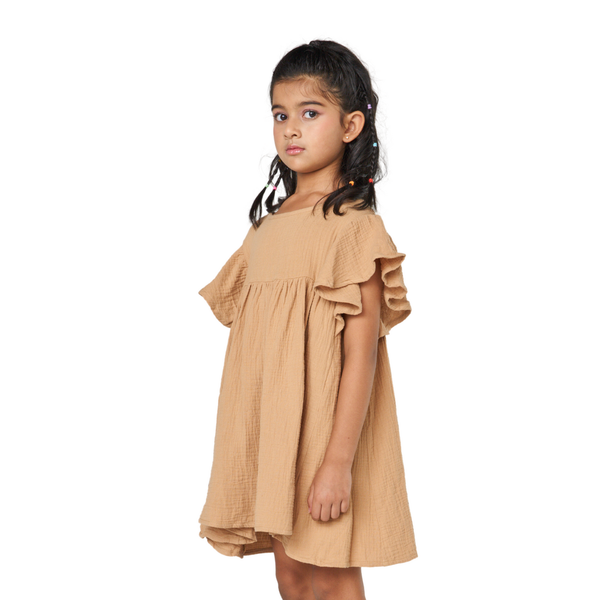 Flutter Sleeve Cotton Dress – Camel