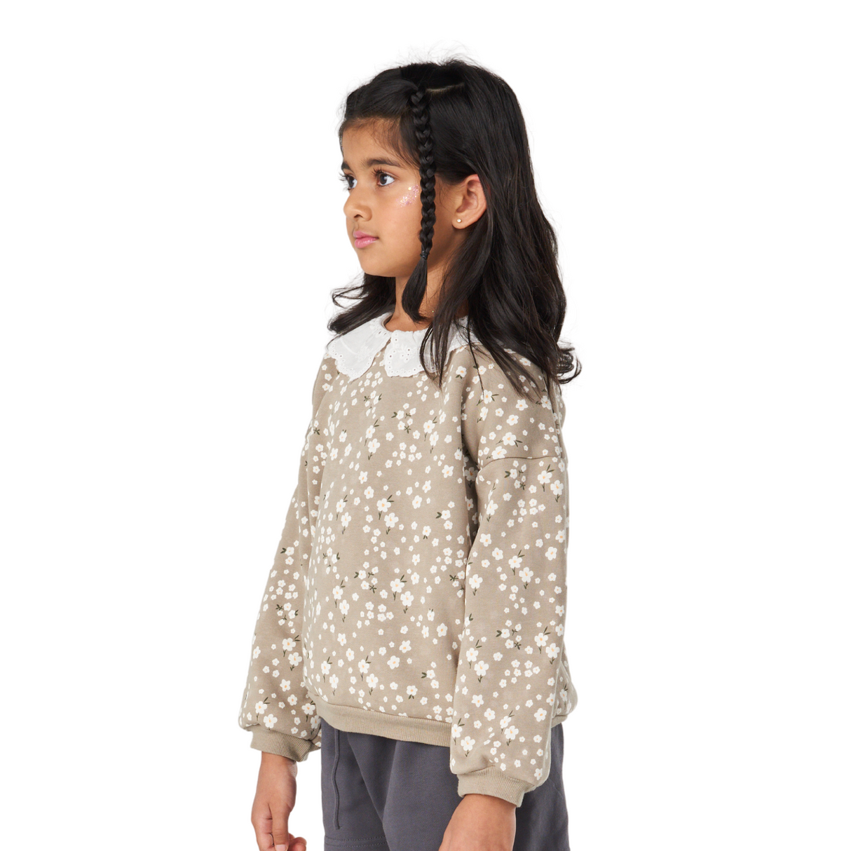Daisy Print Sweatshirt with Lace Collar – Taupe