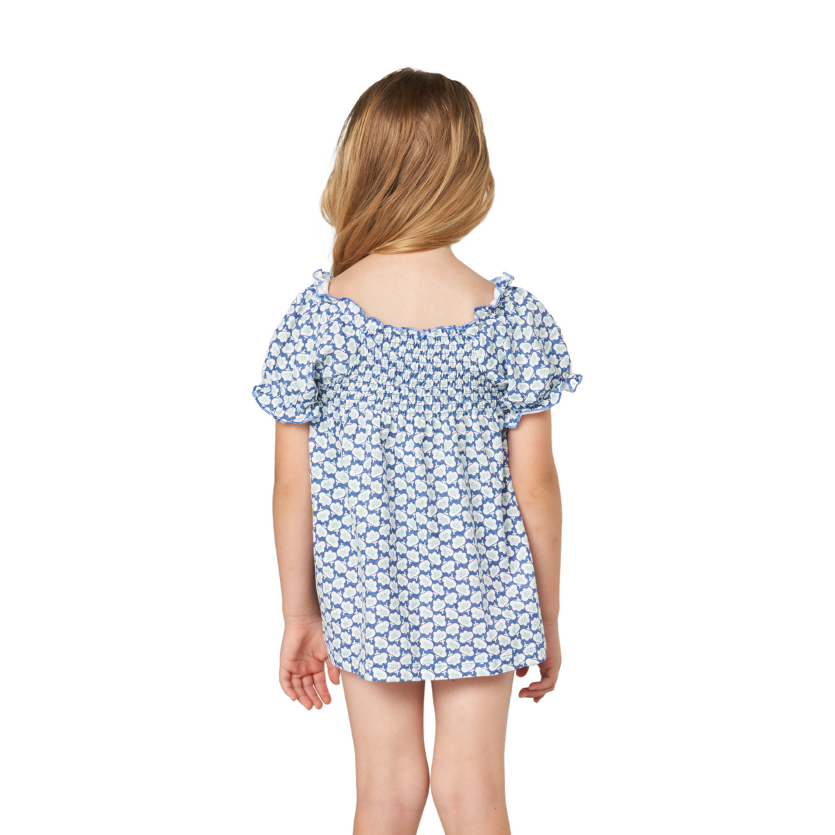 Blue Smocked Puff-Sleeve Romper