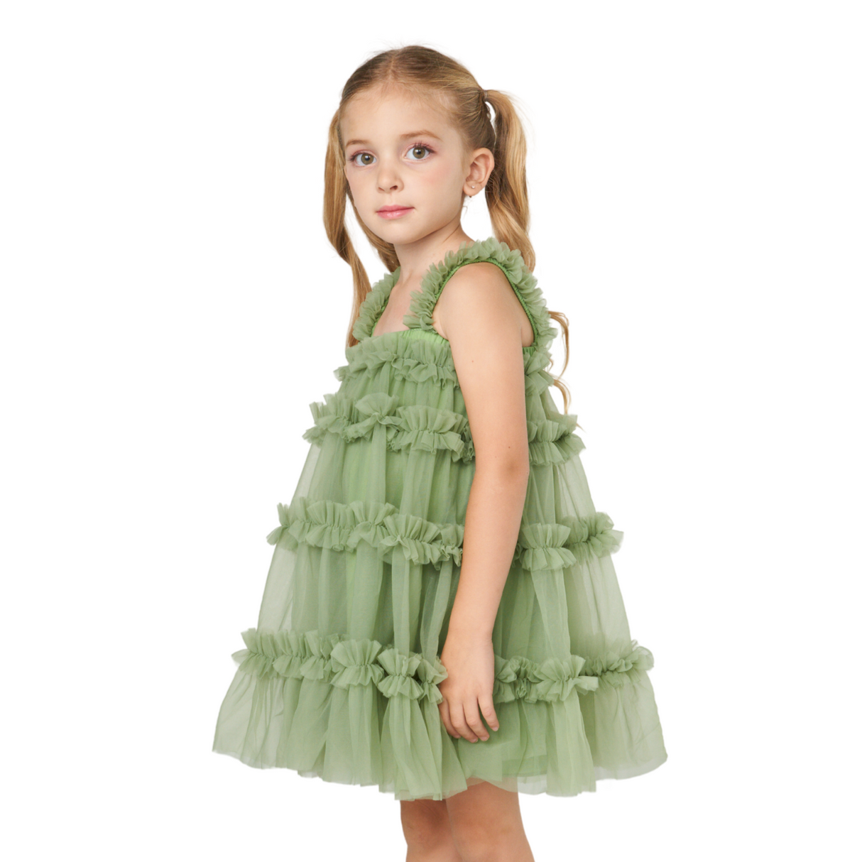Tiered Ruffle Tulle Dress – Sage Green