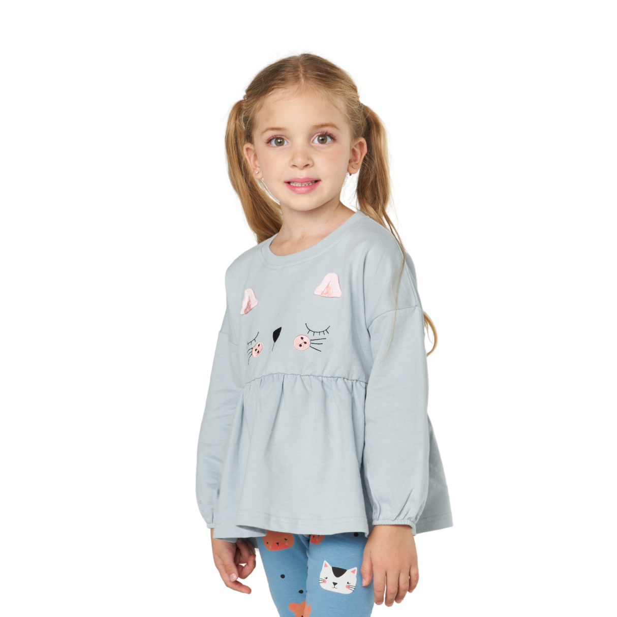 Cat Face Peplum Top – Soft Blue