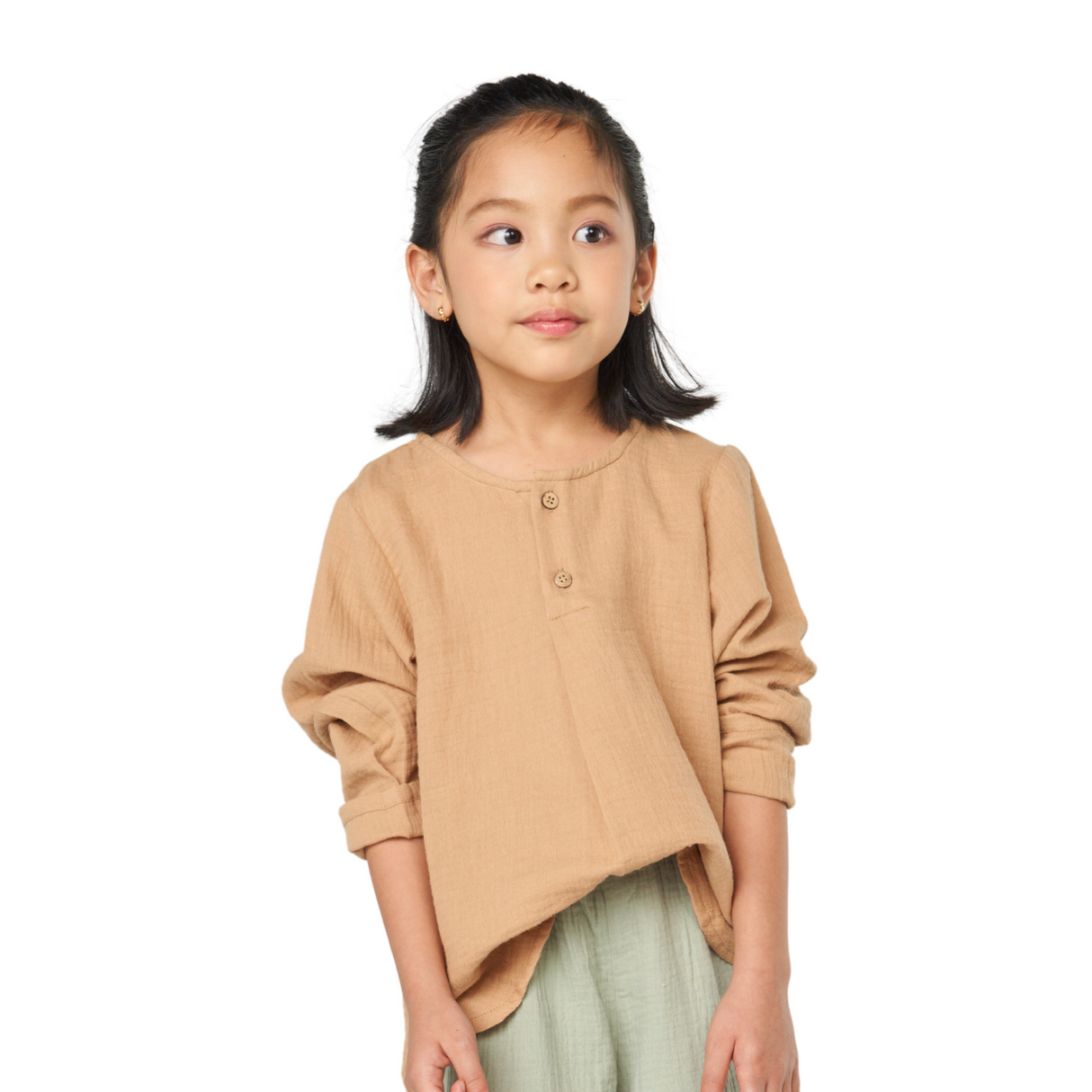 Textured Cotton Henley Top – Camel