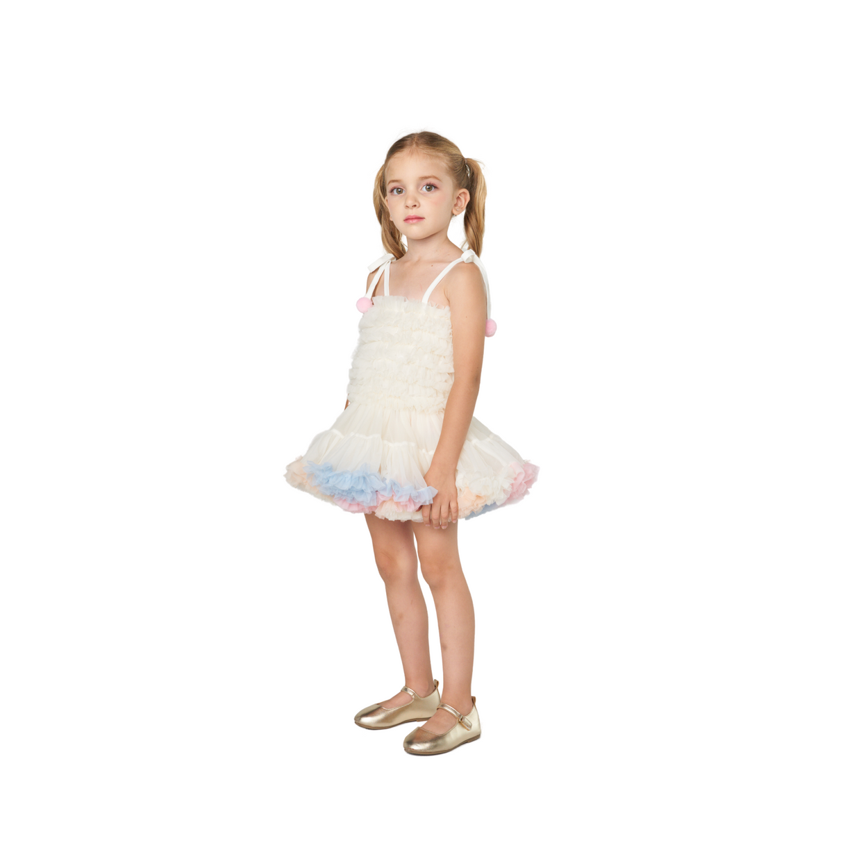 Tiered Ruffle Tulle Dress – Rainbow Cream