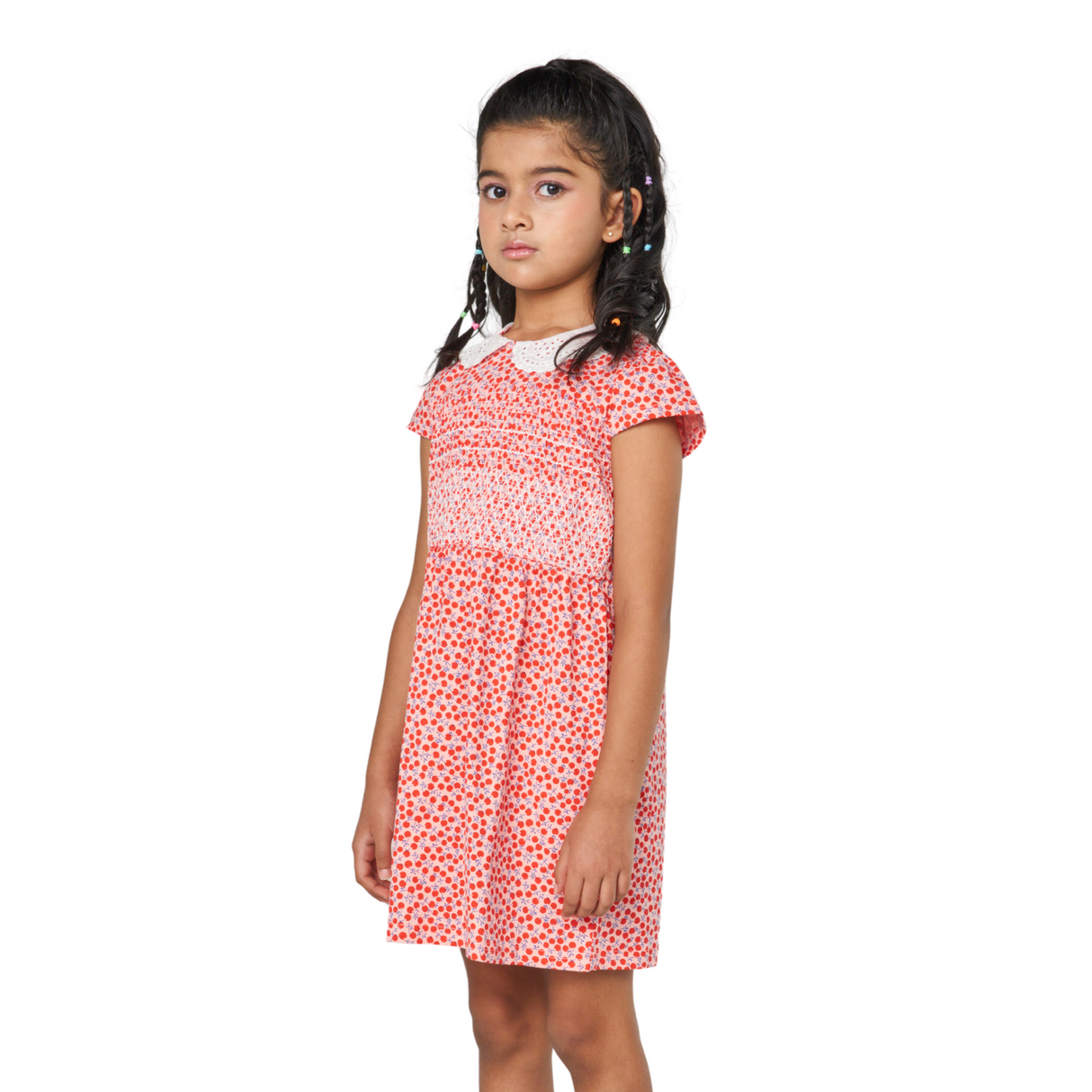 Red Floral Smocked Dress with White Collar