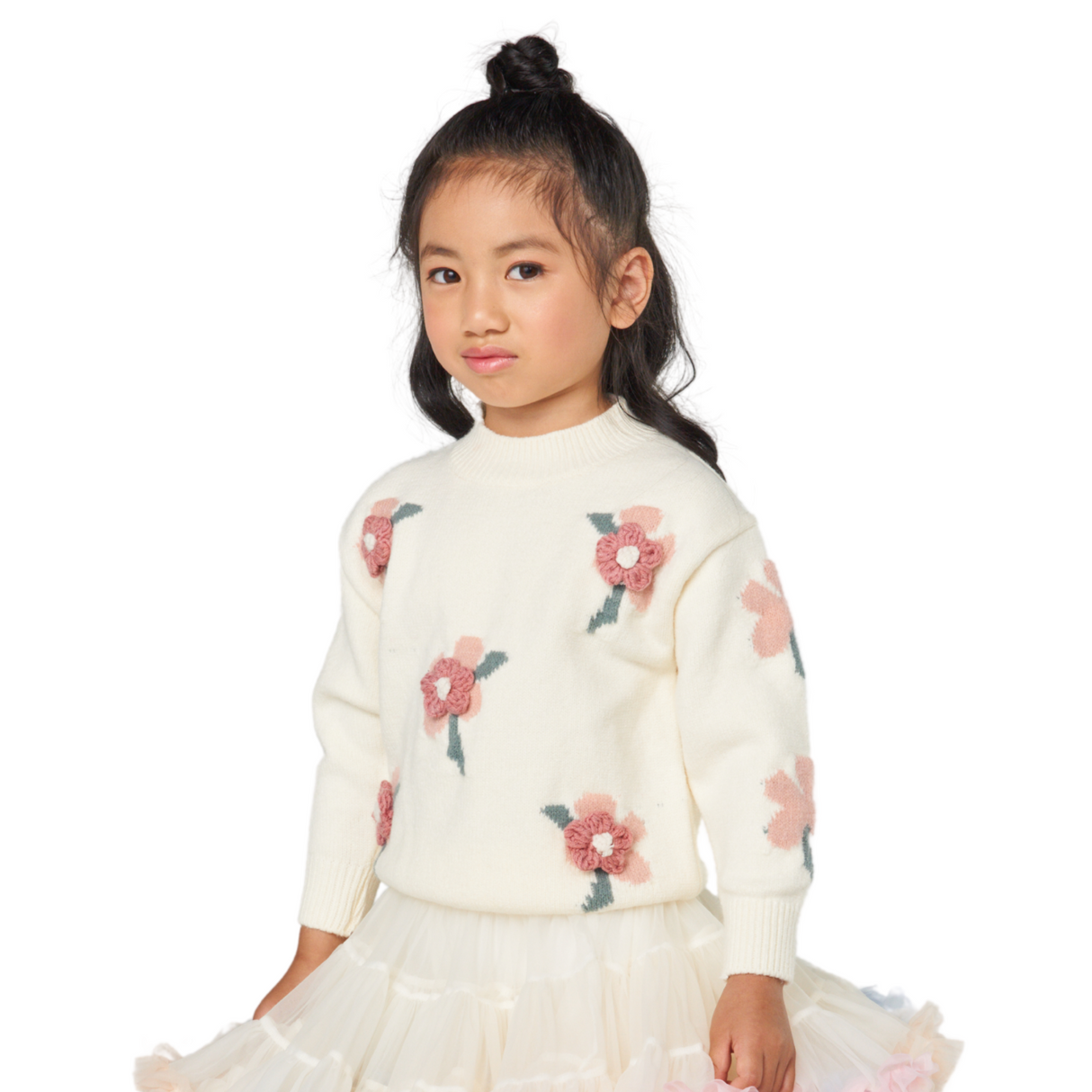 3D Floral Knit Sweater – Cream