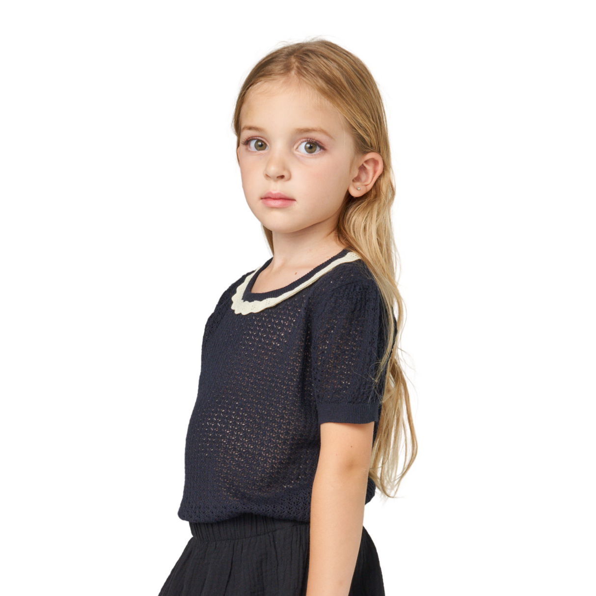Scallop Collar Knit Top – Navy