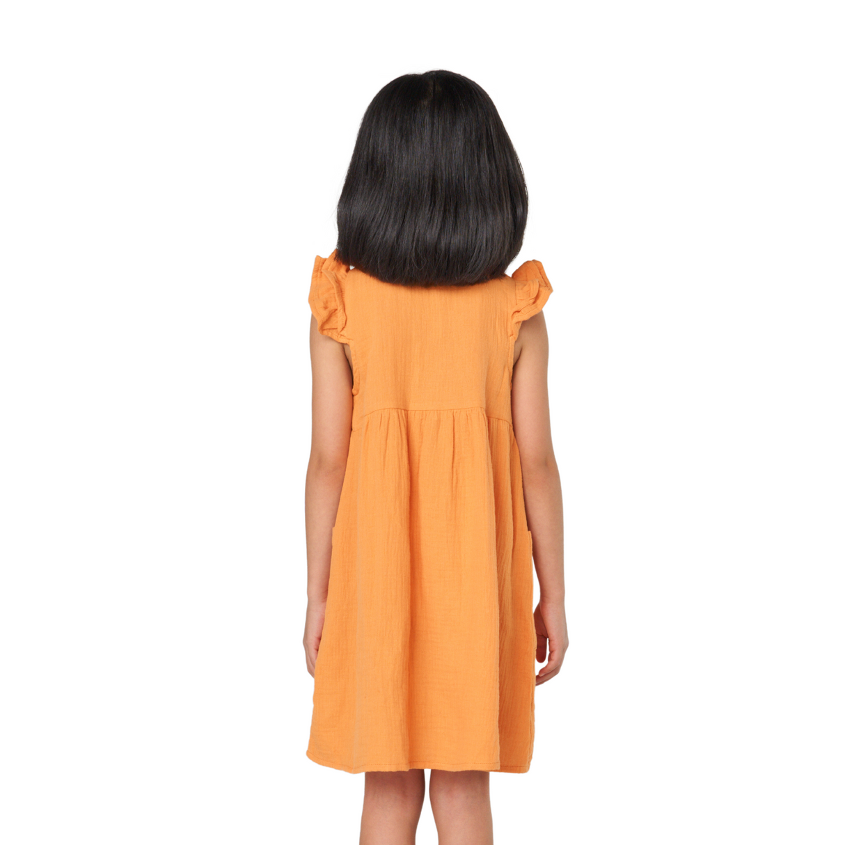 Button-Front Ruffle Sleeve Dress – Orange