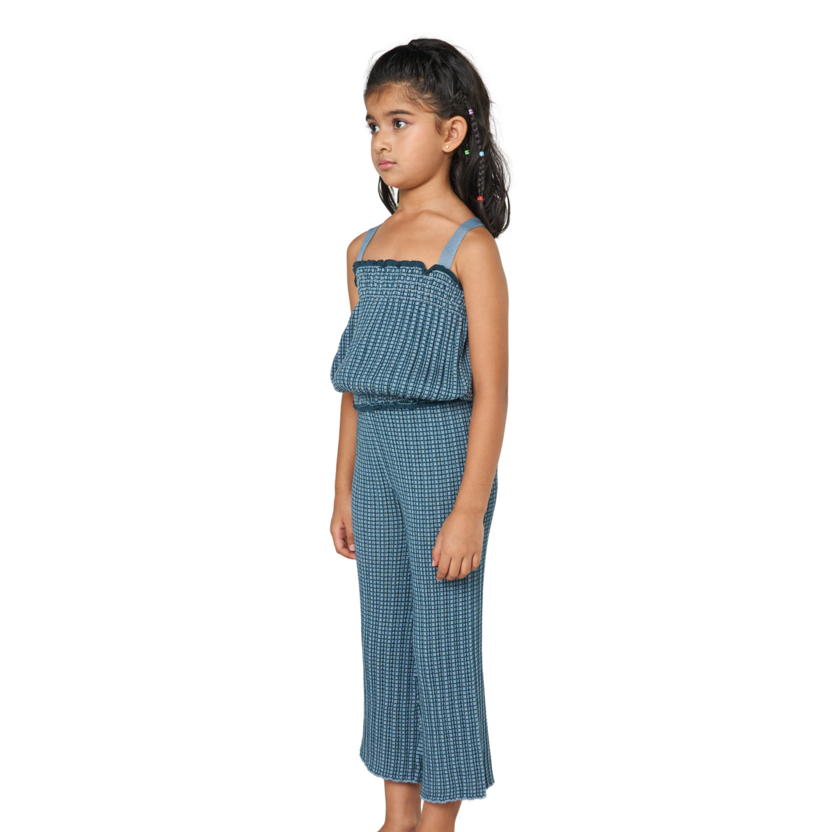 Smocked Check Wide-Leg Pants – Blue