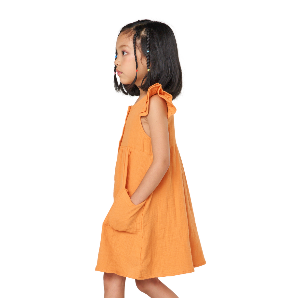 Button-Front Ruffle Sleeve Dress – Orange