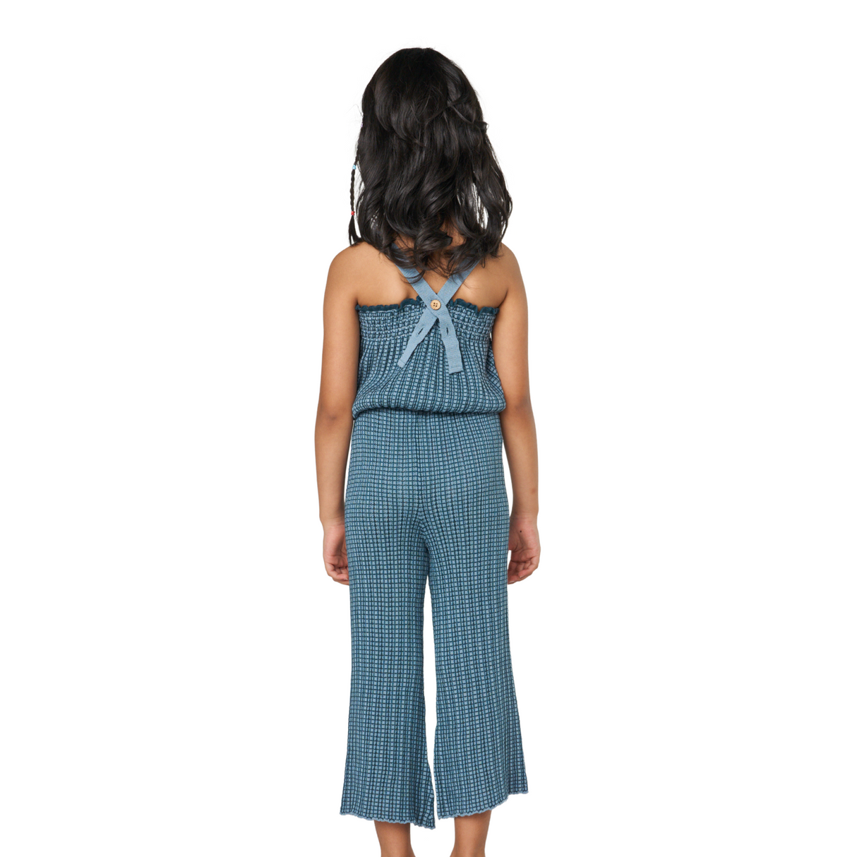 Smocked Check Wide-Leg Pants – Blue