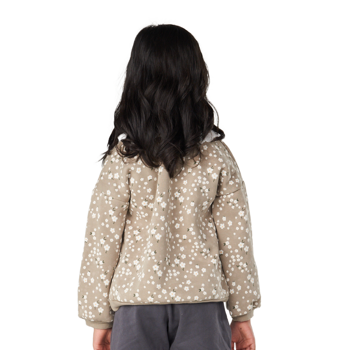 Daisy Print Sweatshirt with Lace Collar – Taupe