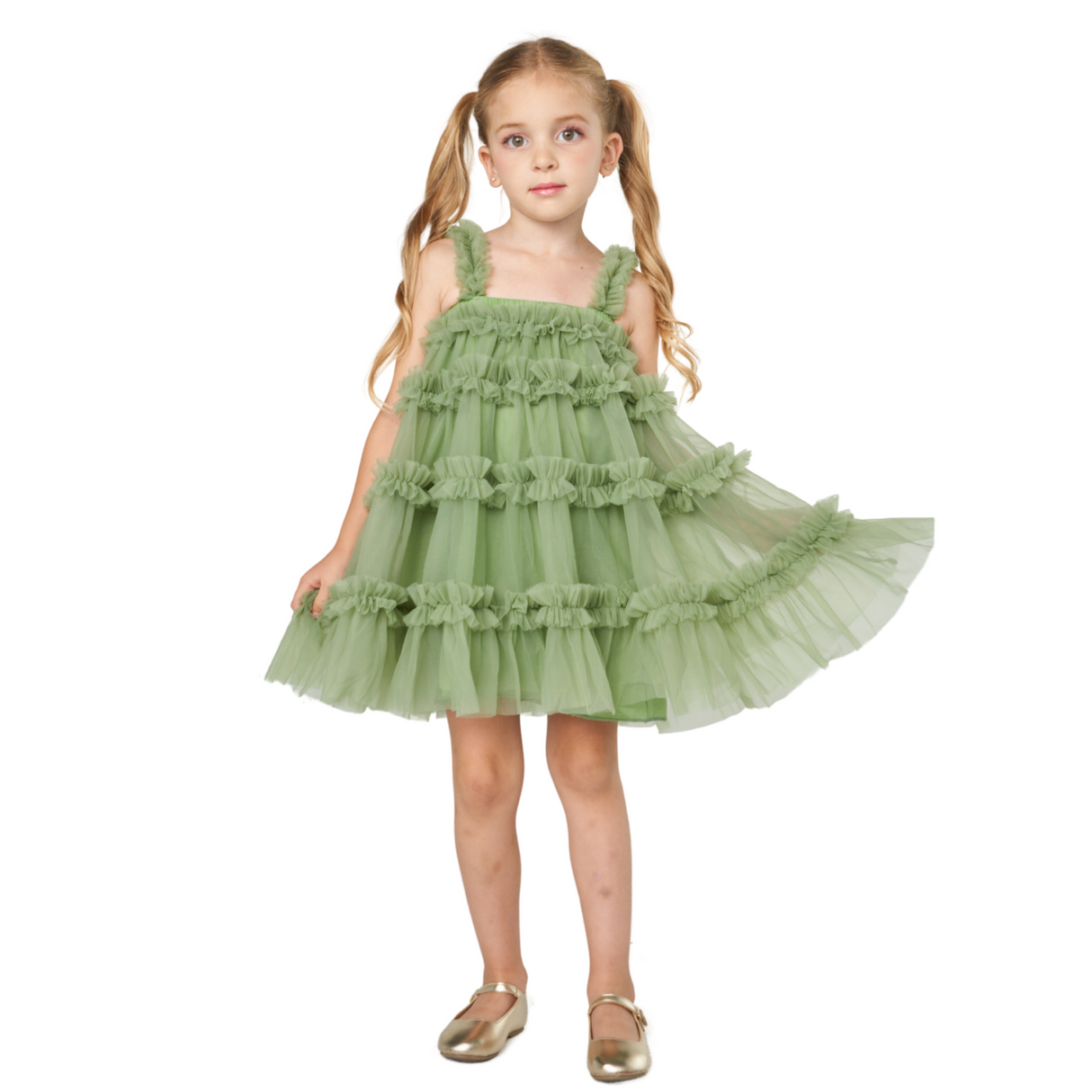 Tiered Ruffle Tulle Dress – Sage Green