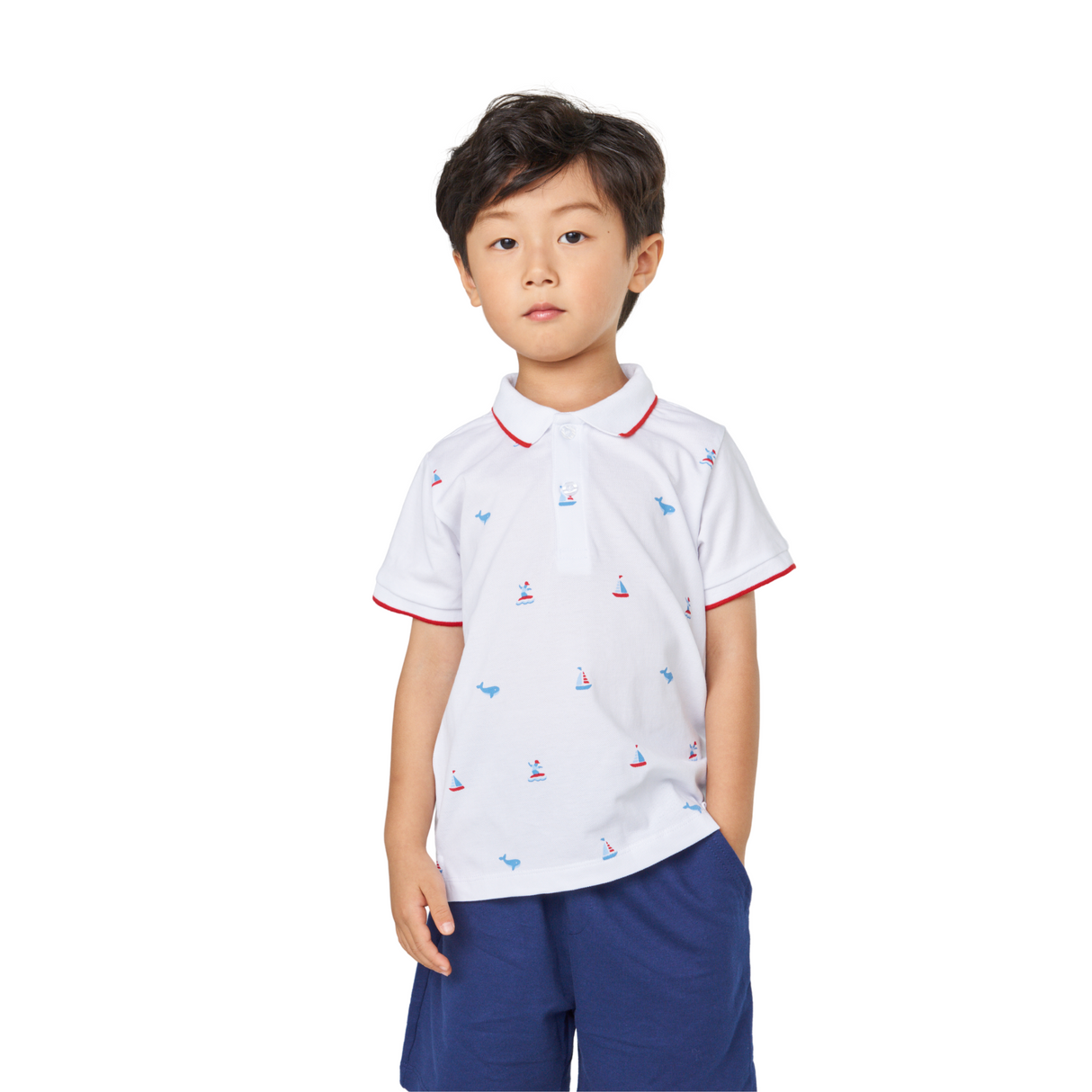 Sailboat Polo and Shorts Set – White and Navy