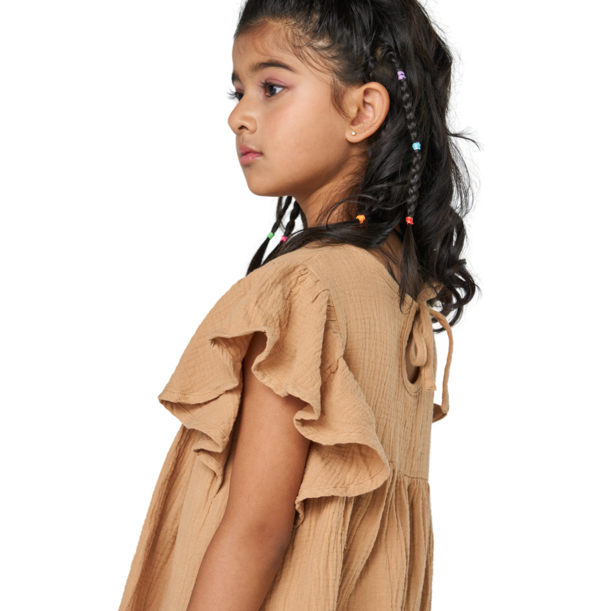 Flutter Sleeve Cotton Dress – Camel