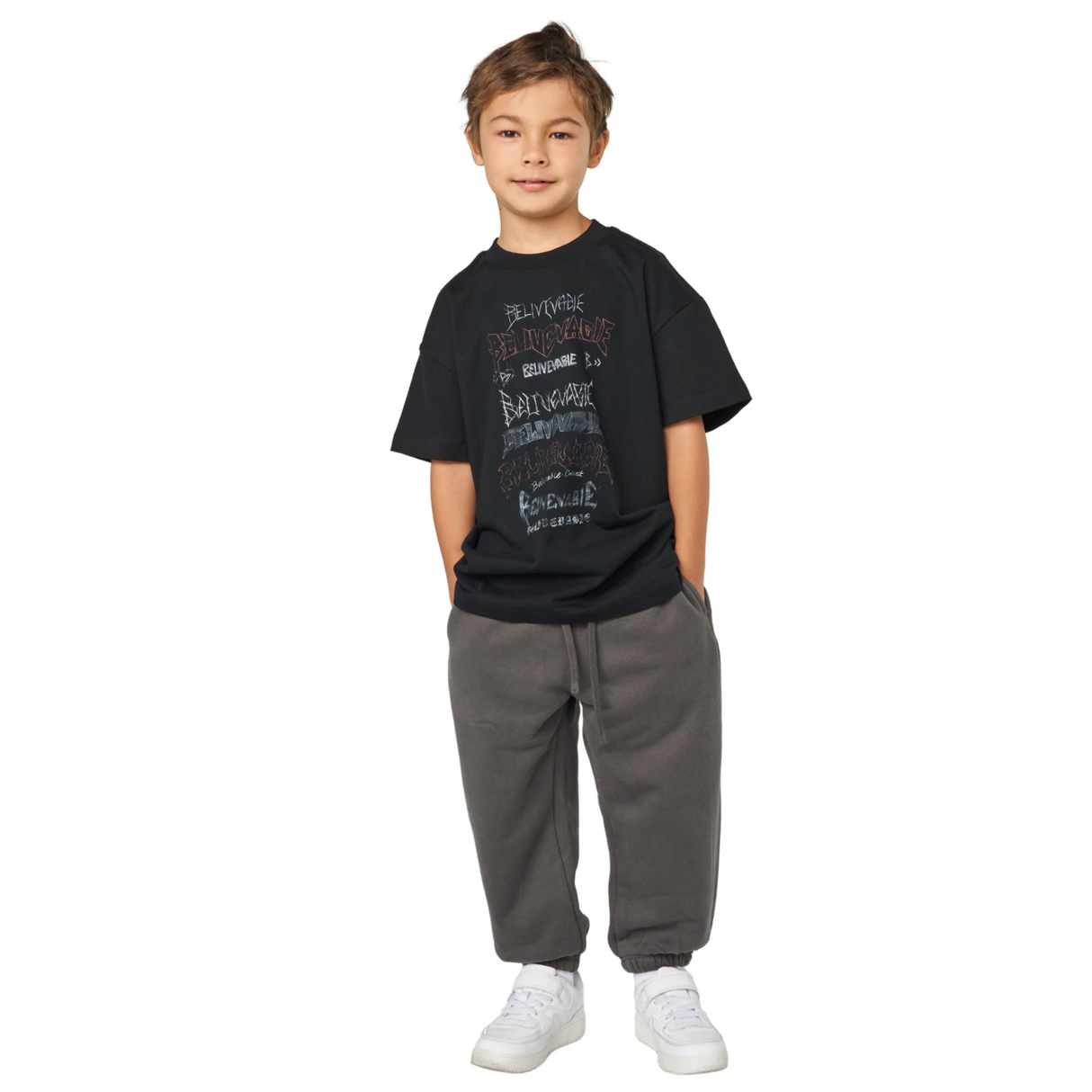 Believe Stacked Text Tee – Black