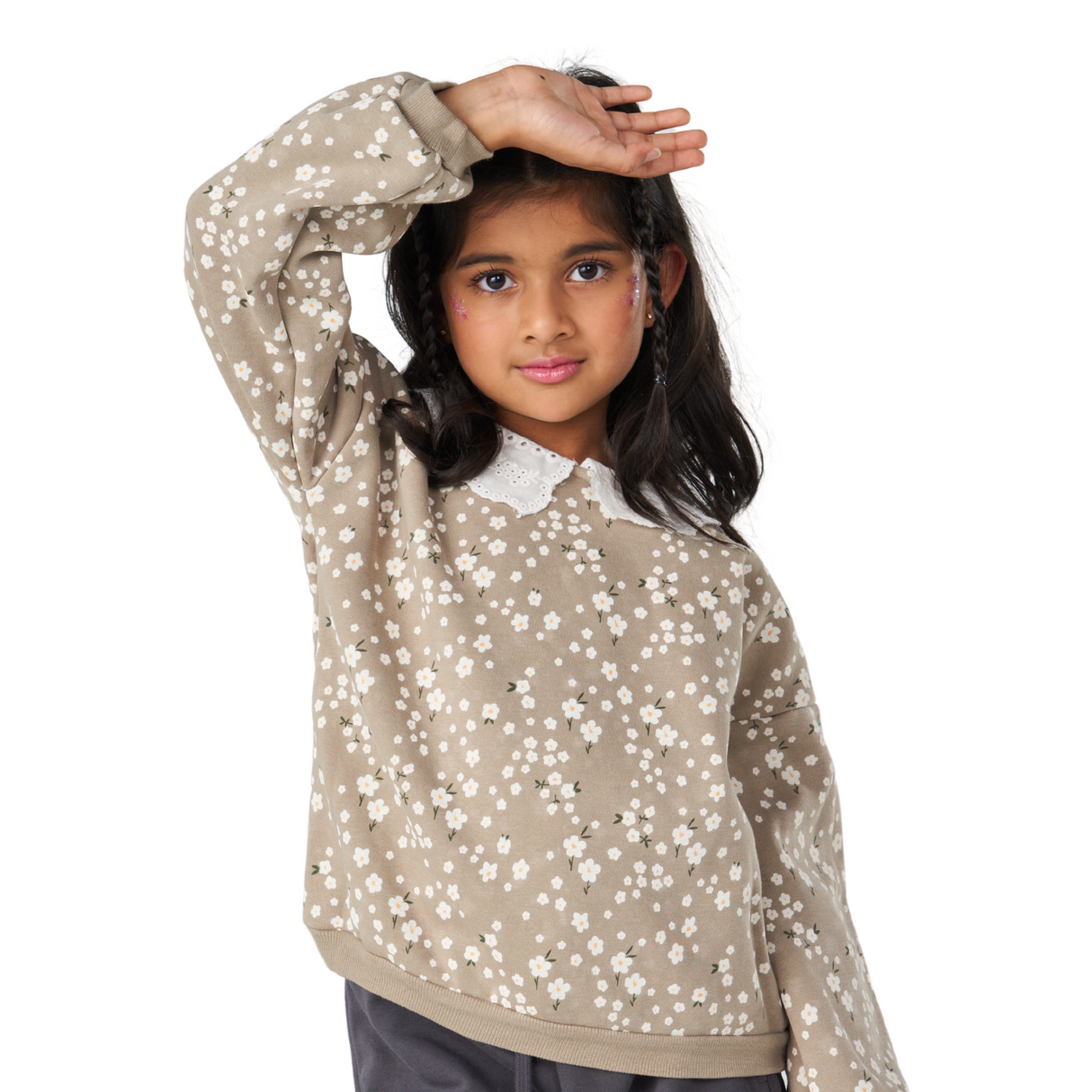 Daisy Print Sweatshirt with Lace Collar – Taupe
