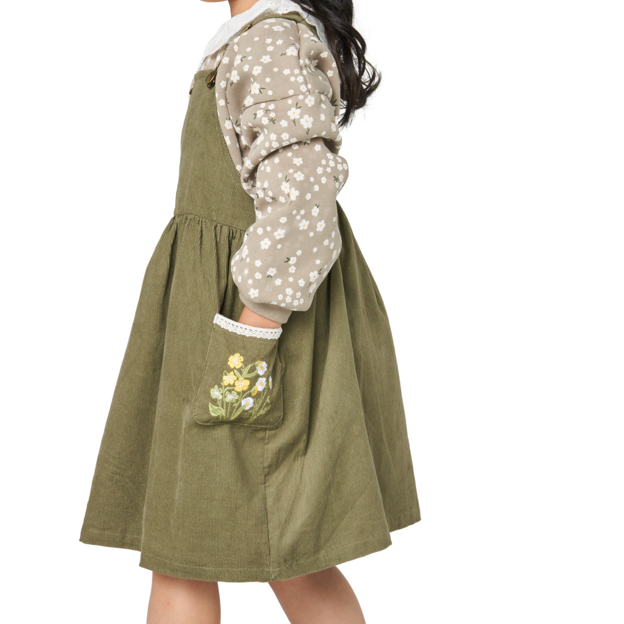 Corduroy Pinafore Dress – Olive Green