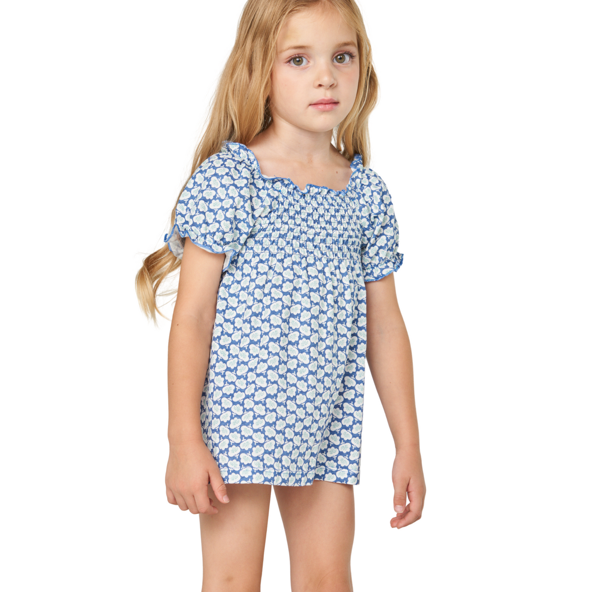 Blue Smocked Puff-Sleeve Romper