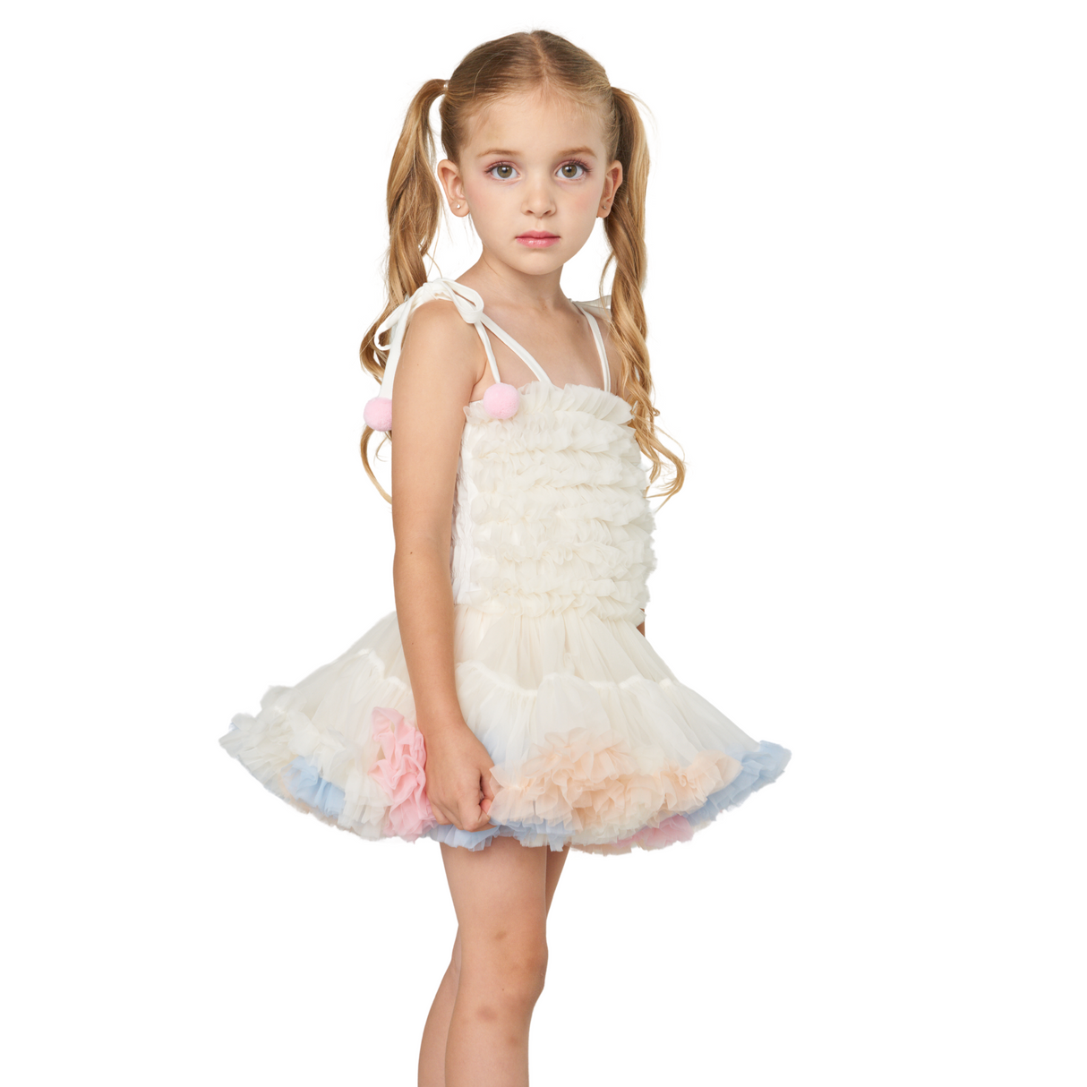 Tiered Ruffle Tulle Dress – Rainbow Cream