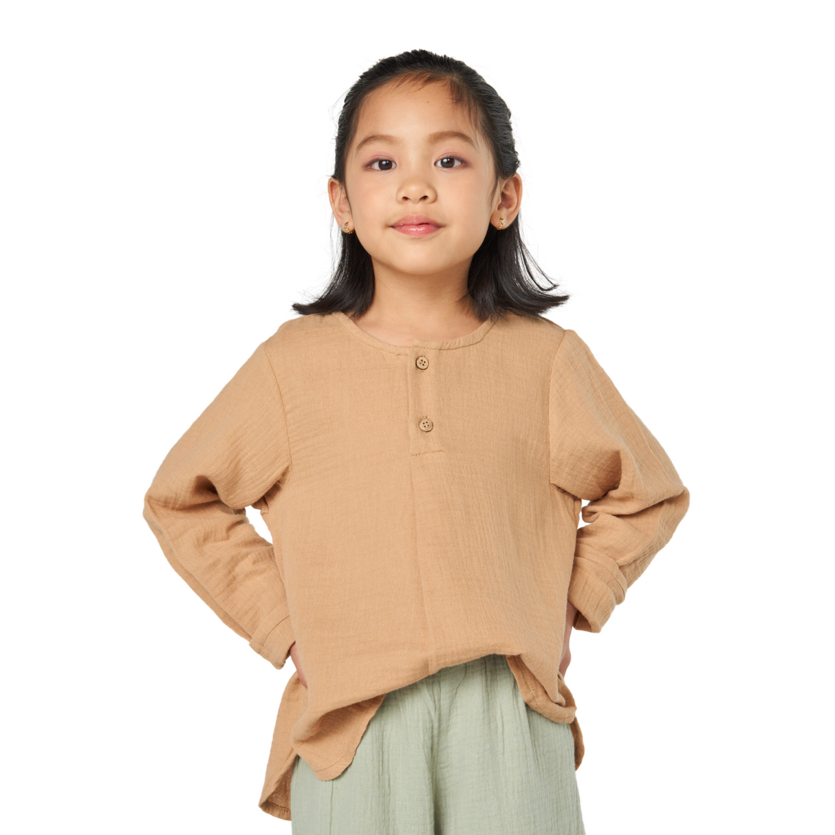 Textured Cotton Henley Top – Camel