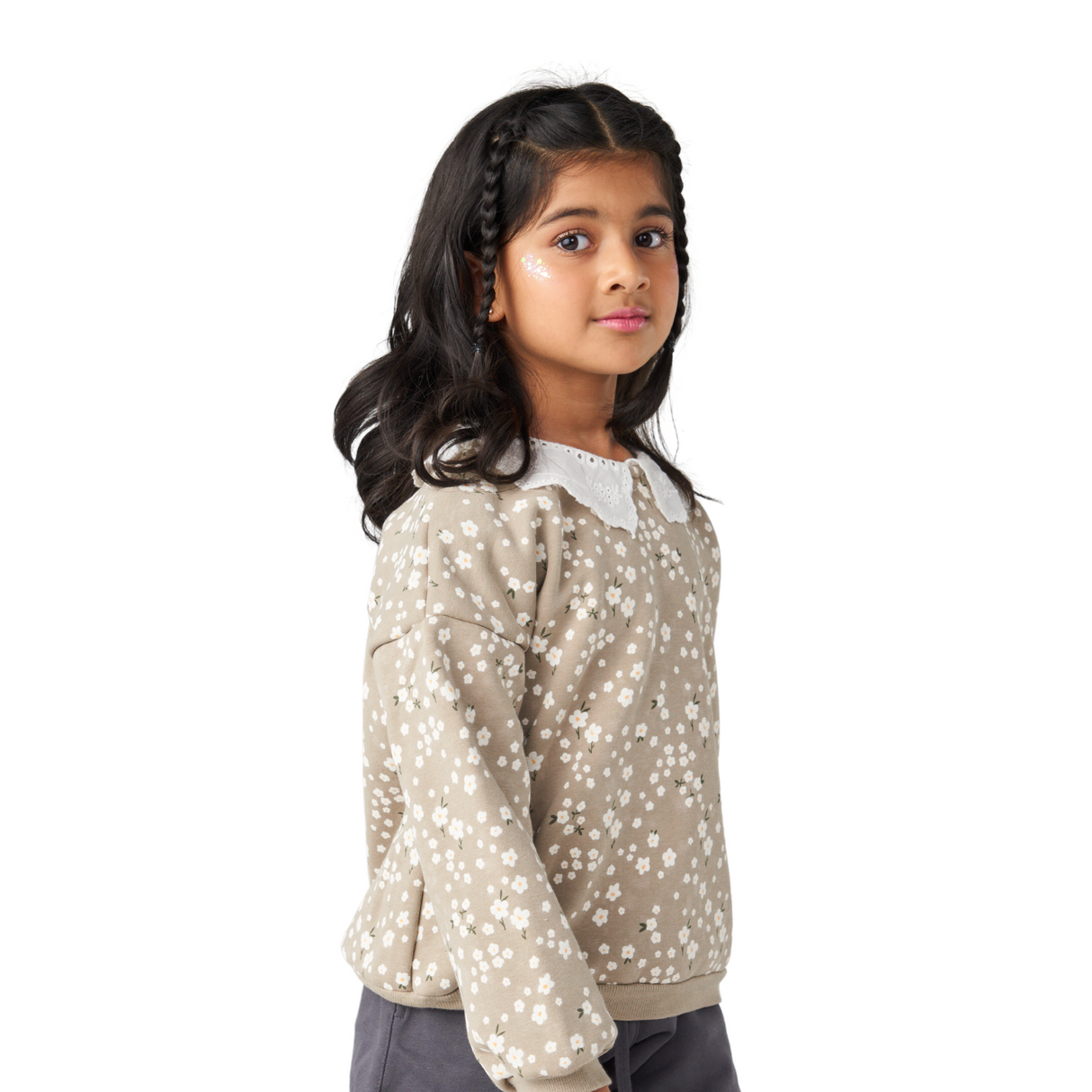 Daisy Print Sweatshirt with Lace Collar – Taupe