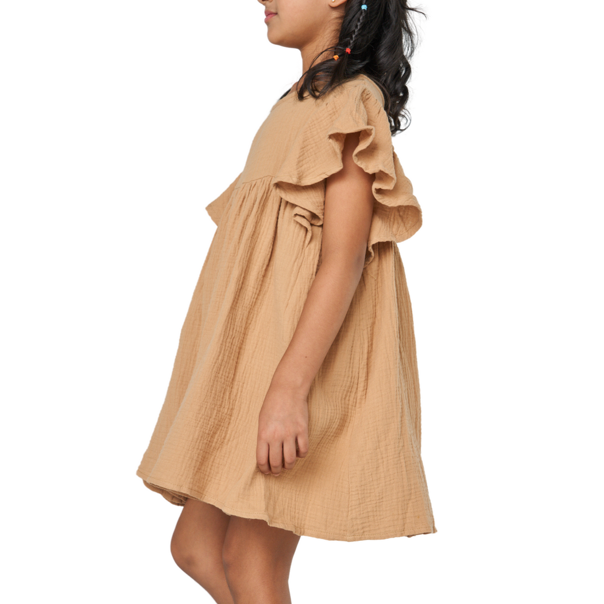 Flutter Sleeve Cotton Dress – Camel
