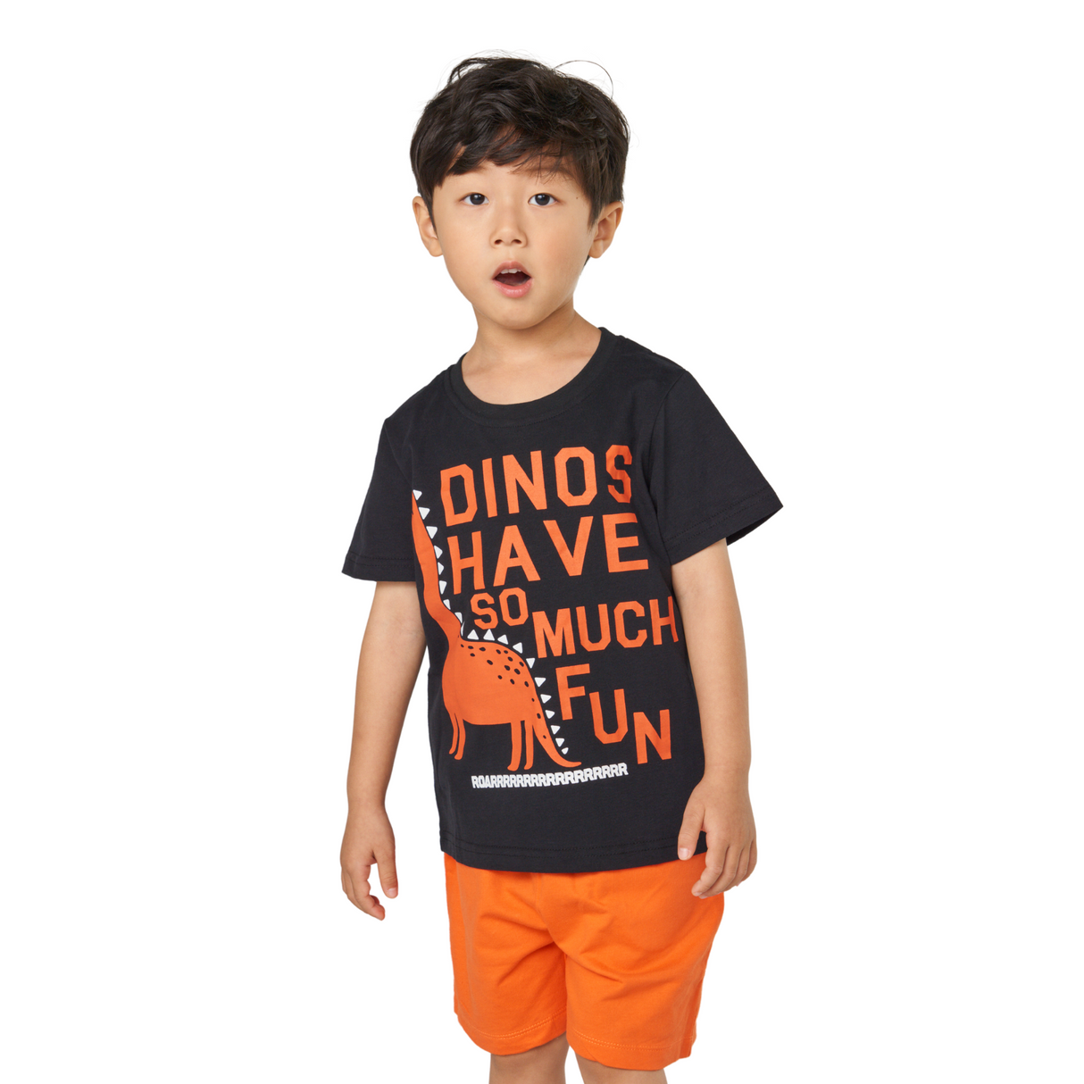 Dino Fun Tee & Shorts Set – Black & Orange