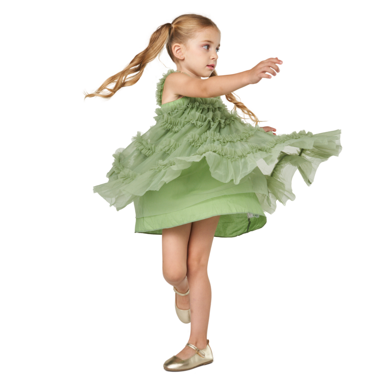 Tiered Ruffle Tulle Dress – Sage Green