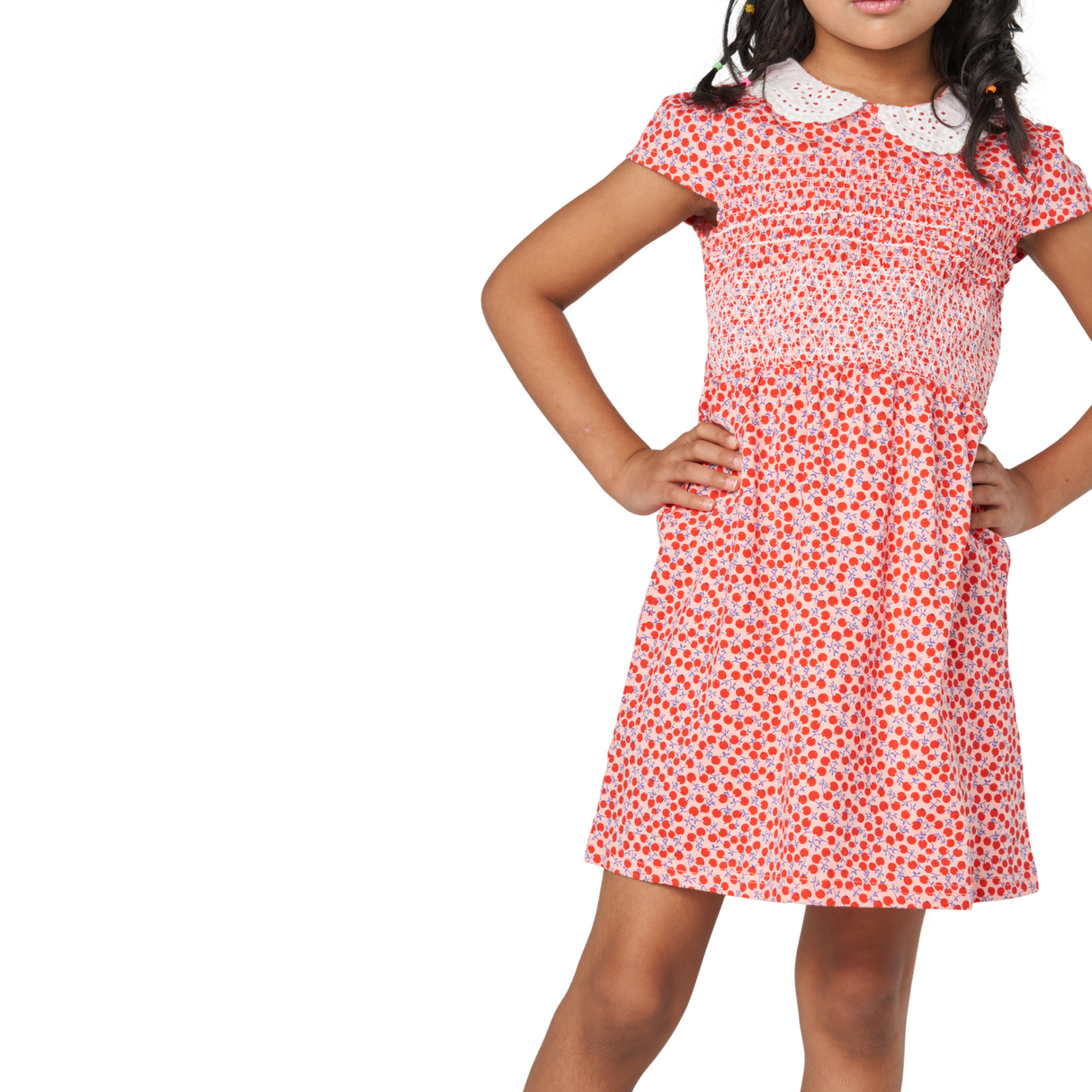 Red Floral Smocked Dress with White Collar