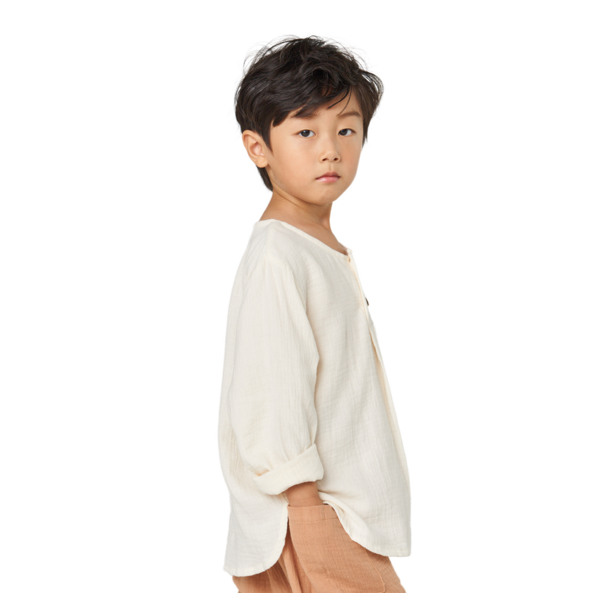 Textured Cotton Henley Top – Cream