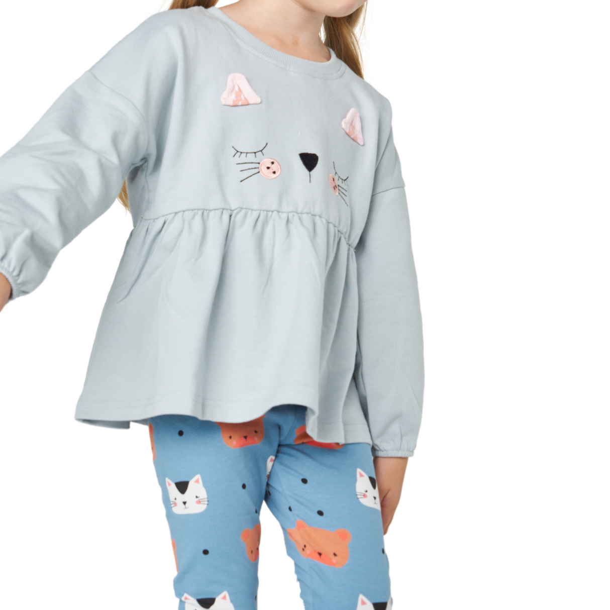 Cat Face Peplum Top – Soft Blue